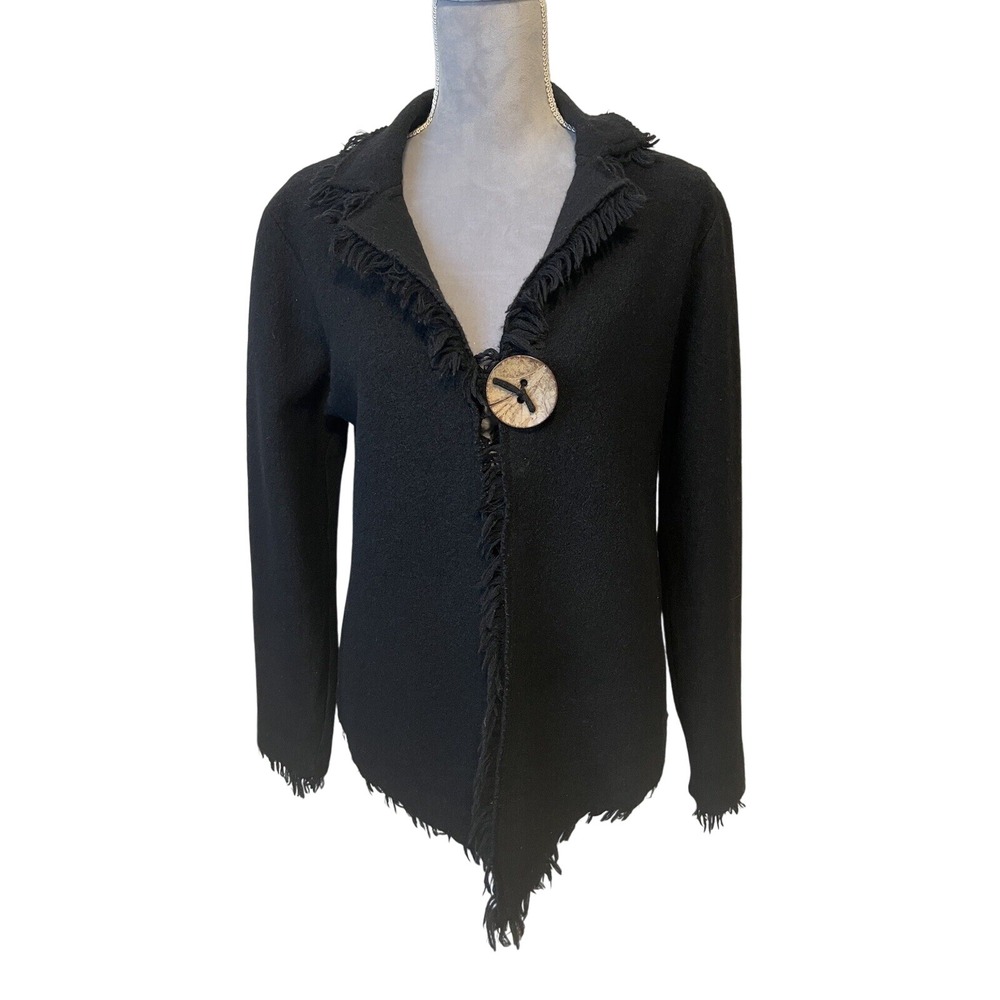 Black 100% Wool 1 button Artsy Art2Wear Indie Boho‎ Cardigan Sweater Fringe MED